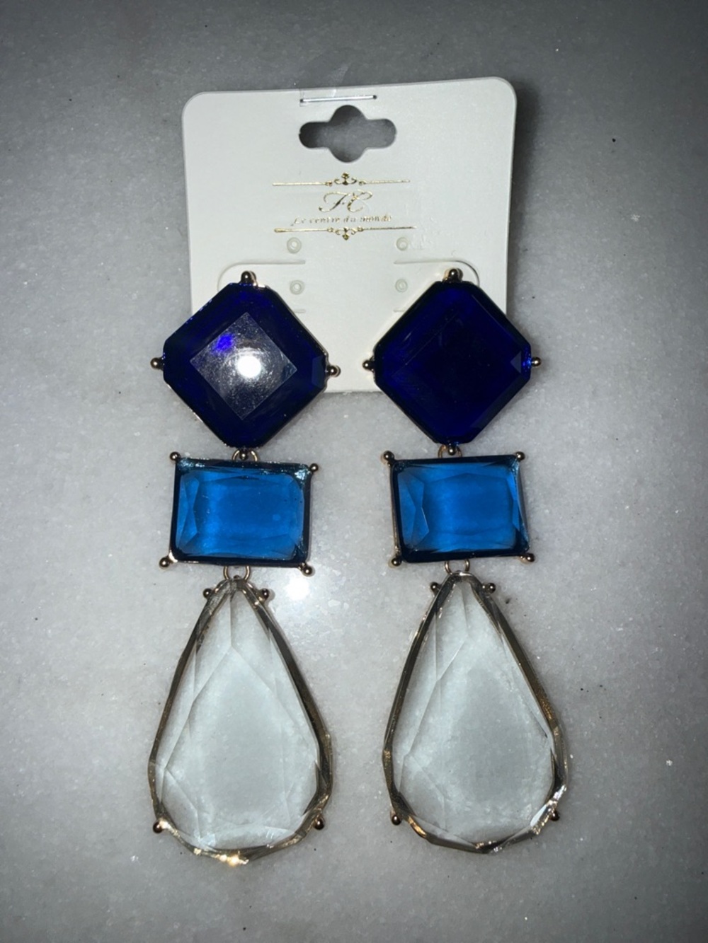 Elegant Blue Triple-Gem Drop Earrings - Women Accessories